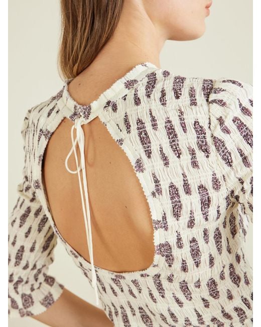 Isabel Marant White Arie Open-Back Ruffled Floral-Print Smocked Cotton Blouse