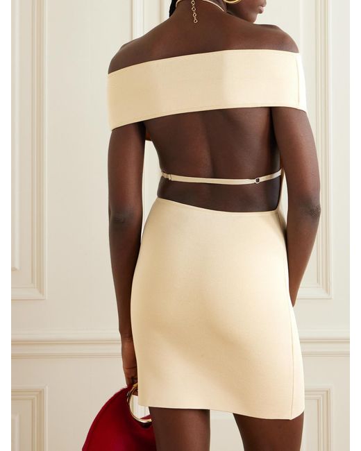 Jacquemus Natural Cubista Off-The-Shoulder Open-Back Stretch-Knit Mini Dress
