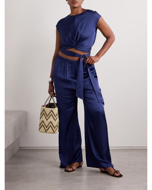 Diane von Furstenberg Blue Gianna Satin Wide-Leg Pants