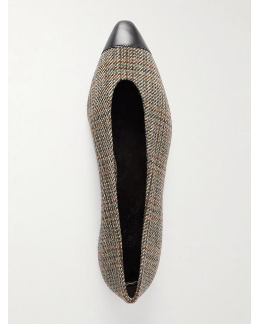 Loro Piana Gray Rebecca Leather-Trimmed Checked Tweed Ballet Flats