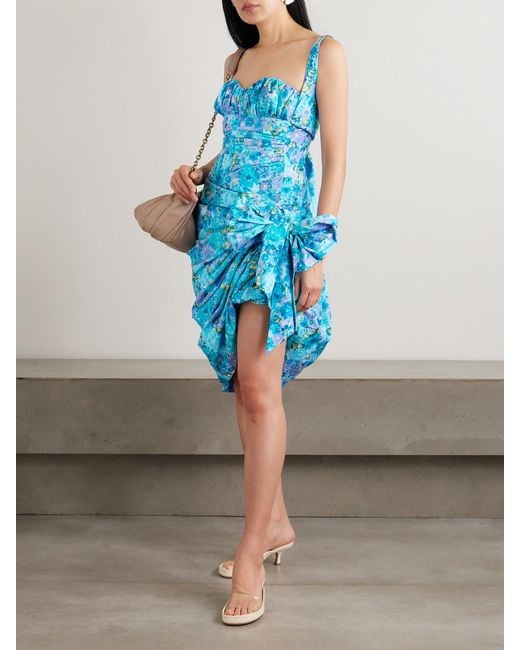 Chloé Blue Asymmetric Bow-Detailed Draped Gathered Floral-Print Cotton Mini Dress