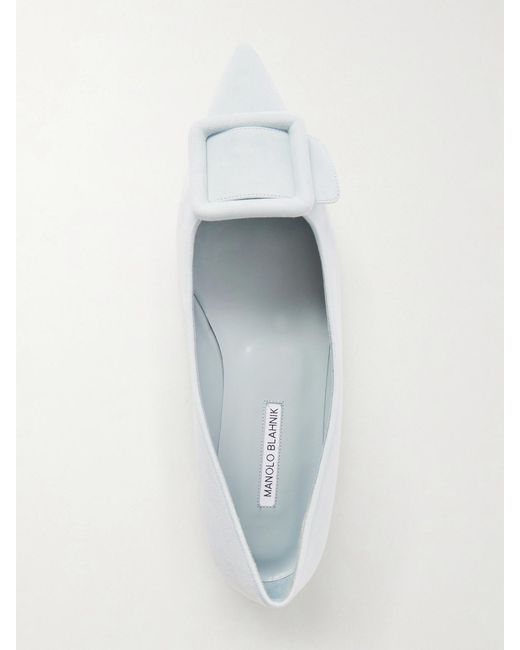 Manolo Blahnik White Maysale Buckled Suede Point-Toe Flats