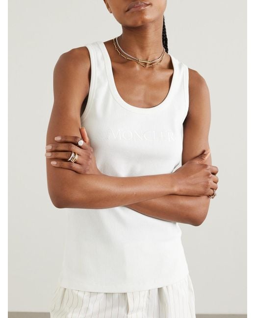 Moncler White Embroidered Ribbed Stretch-Cotton Tank