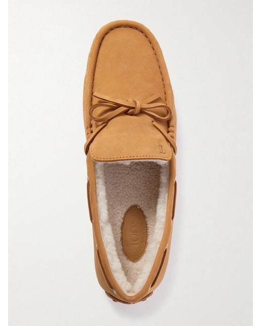Tod's Brown Gommino Shearling-Trimmed Suede Loafers