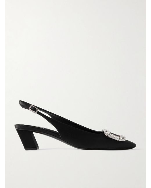Roger Vivier Black Belle Vivier Pilgrim 45 Crystal-Embellished Satin Slingback Pumps