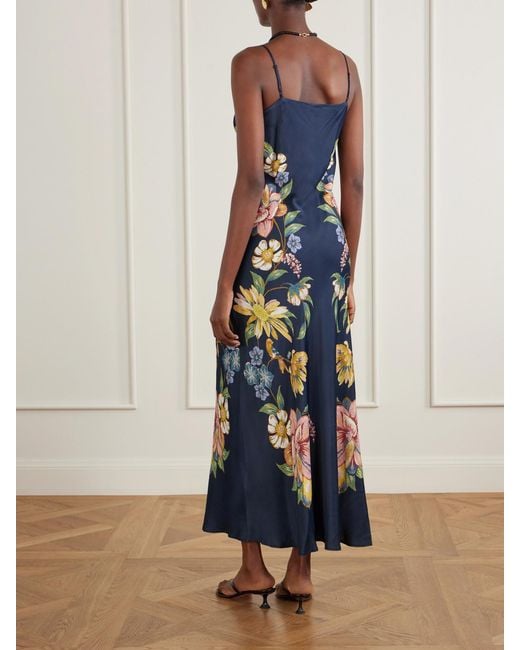Farm Rio Blue Maira Floral-Print Satin Maxi Dress
