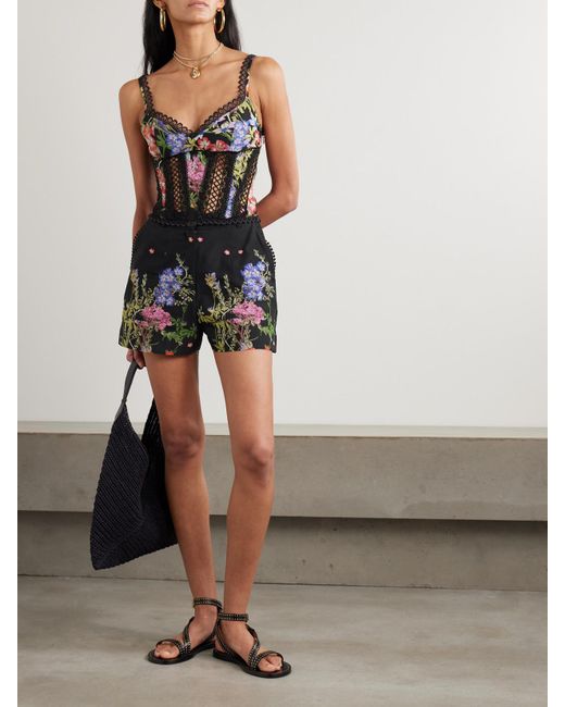 Charo Ruiz Black Pansy Shorts Aus Voile Aus Einer Baumwollmischung Mit Blumenprint Und Besätzen Aus Guipure-Spitze