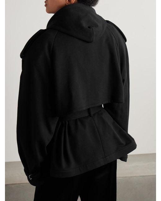 Marie Adam-Leenaerdt Black Doppelreihige Jacke Aus Baumwoll-Jersey Mit Kapuze Und Gürtel