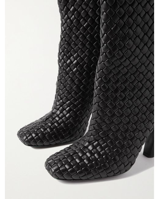 Bottega Veneta Black Mini Lido Intrecciato Leather Knee Boots