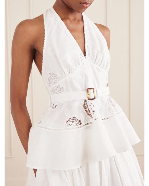 Self-Portrait White Belted Embroidered Linen And Cotton-Blend Peplum Top