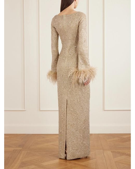Clio Peppiatt Natural Mae Feather-Trimmed Embellished Beaded Tulle Gown