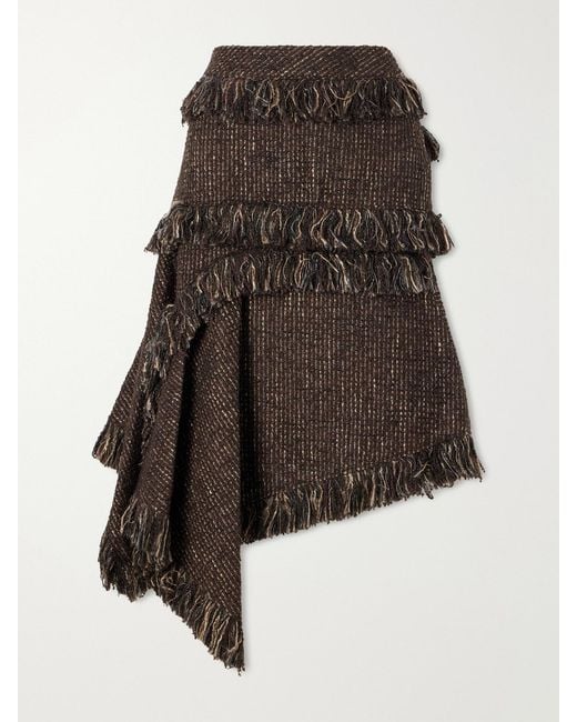 Sacai Brown Fringed Wool-Blend Tweed Midi Skirt
