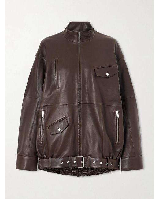 Tibi Brown Belted Leather Bomber Jacket
