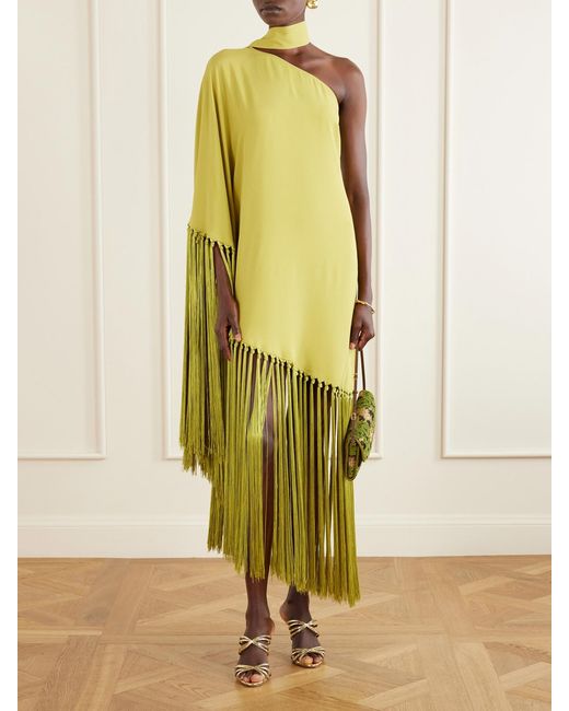 Taller Marmo Yellow Gunilla One-Shoulder Scarf-Detailed Fringed Crepe Mini Dress