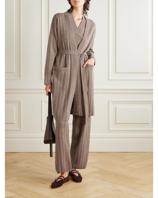 Max Mara Natural Belted Ribbed-Knit Cashmere Cardigan