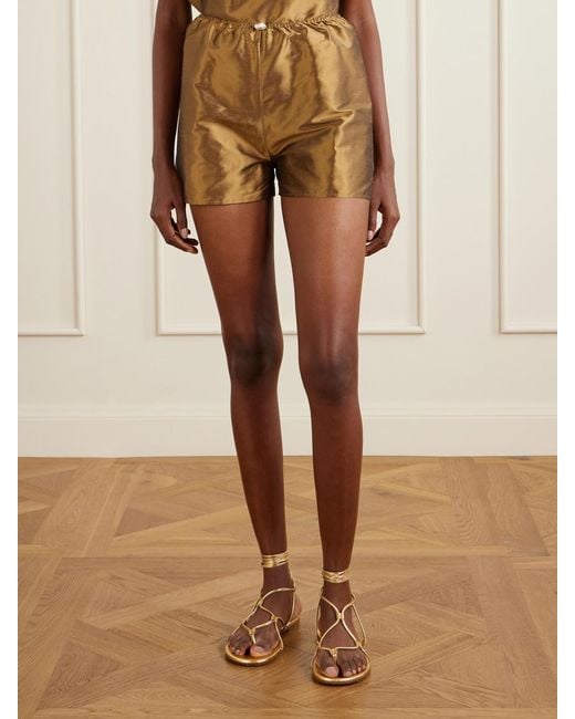 SARA CRISTINA Natural Playa Pearl-Embellished Silk-Shantung Shorts