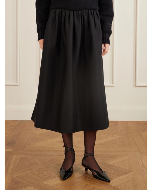 Totême Black Gathered Wool And Silk-Blend Midi Skirt
