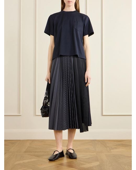 Sacai Blue Pleated Striped Cotton-Jersey And Poplin T-Shirt