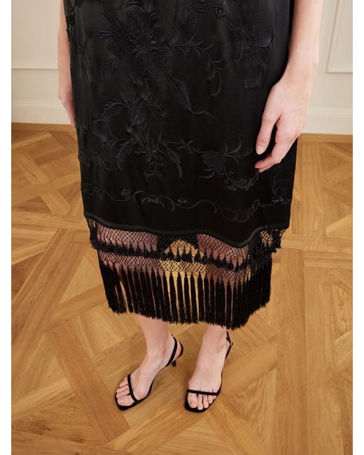 Bode Black Fringed Embroidered Silk-Satin Midi Dress