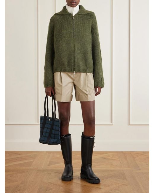 Moncler Green Logo-Appliqué Cable Wool-Blend Cardigan
