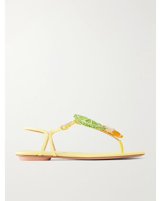 Aquazzura Metallic Embellished Raffia-Effect Thong Sandals