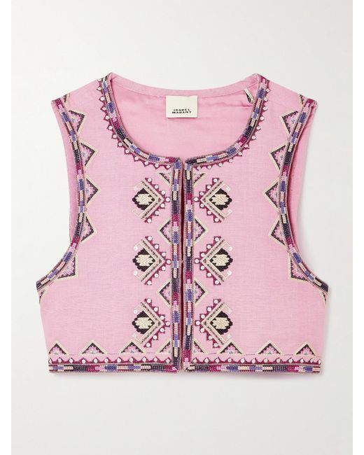 Isabel Marant Pink Zaori Cropped Embellished Embroidered Silk-Gauze Vest