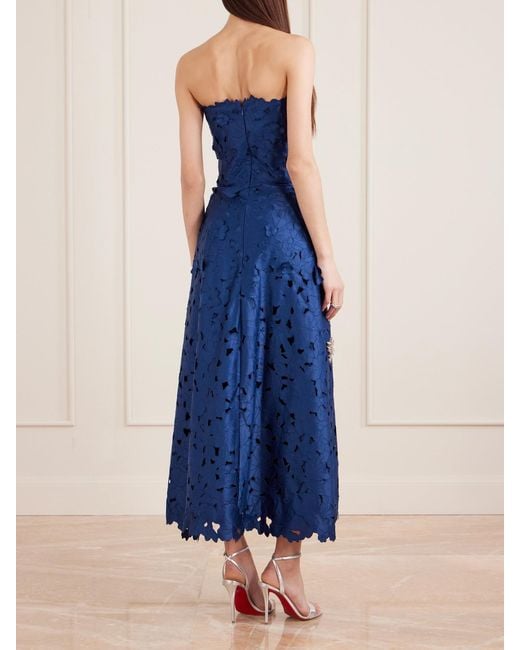 Costarellos Blue Strapless Crystal-Embellished Corded Lace Midi Dress