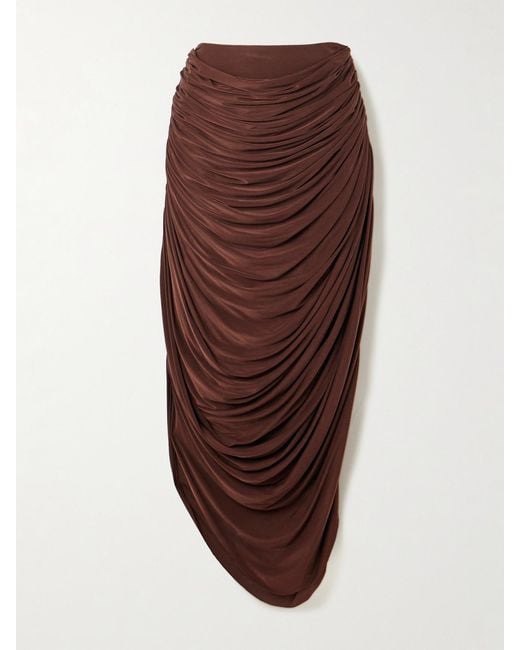 Danielle Frankel Brown Vivienne Gathered Stretch Satin-Jersey Midi Skirt