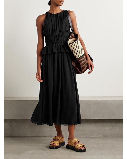 Ulla Johnson Black Adeline Shirred Silk Crepe De Chine Peplum Midi Dress