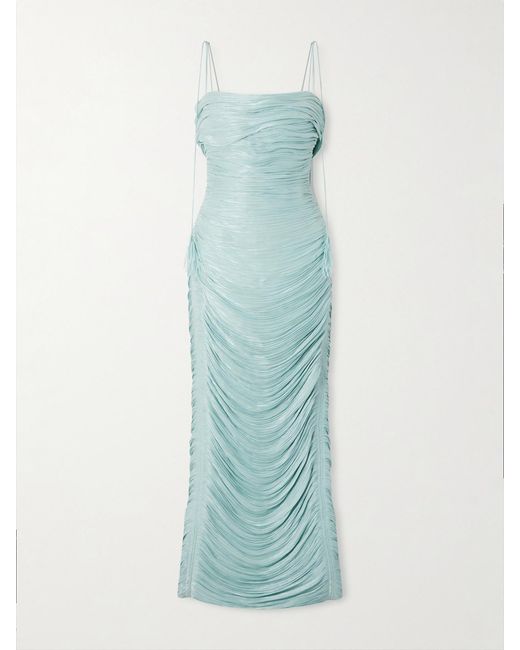 Marmar Halim Blue Ruched Pleated Satin Gown