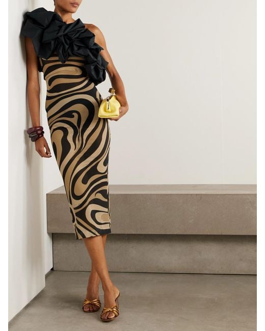 Emilio Pucci Black Marmo One-Shoulder Ruffled Cotton Poplin-Trimmed Printed Mesh Maxi Dress