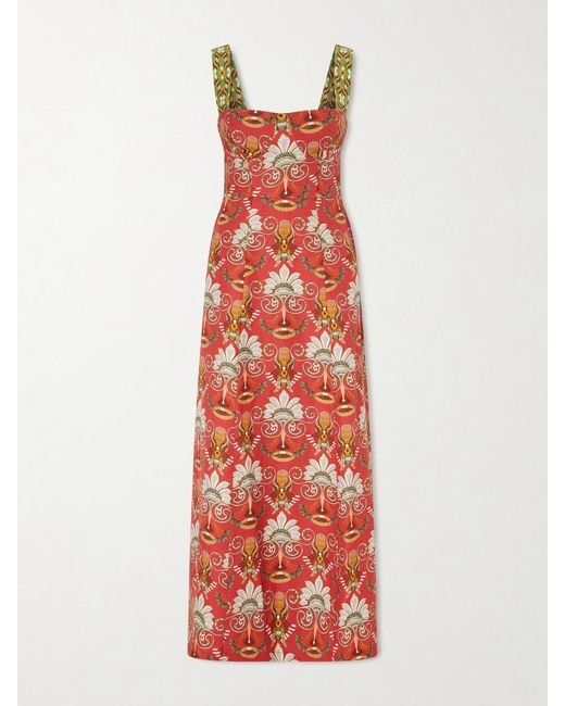 Emporio Sirenuse Red Azzurra Open-Back Floral-Print Linen And Cotton-Blend Midi Dress
