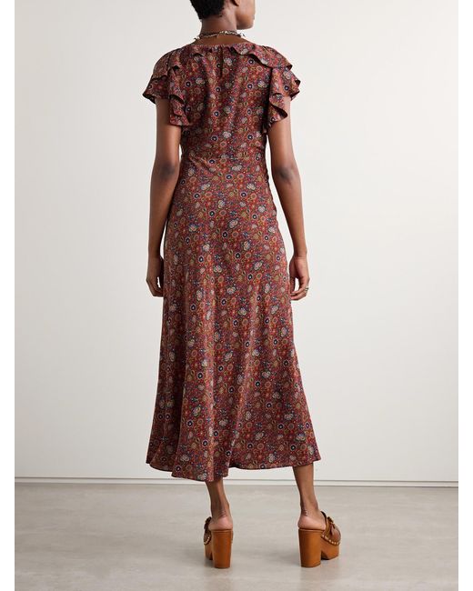 Doen Red Beatriz Ruffled Printed Silk Crepe De Chine Midi Dress