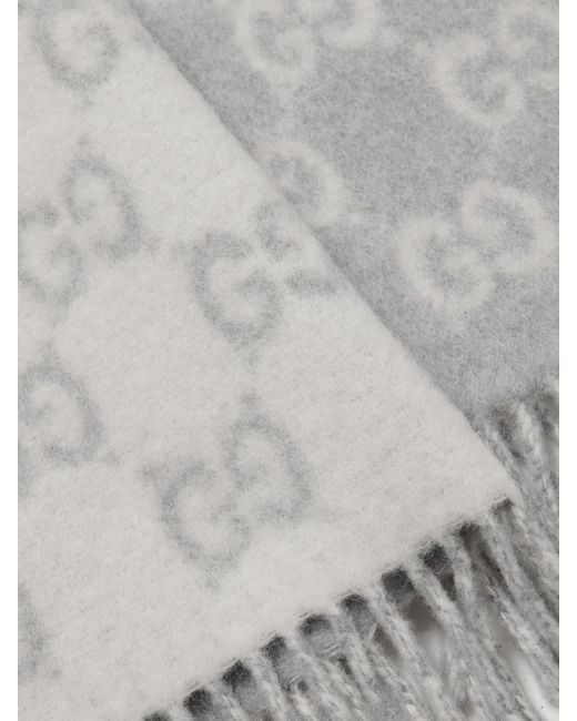 Gucci Gray Fringed Jacquard-Knit Scarf