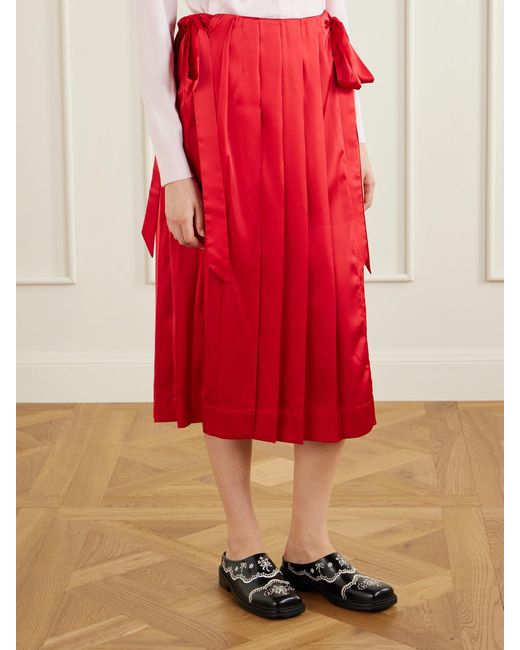 Simone Rocha Red Pleated Sheer Satin Midi Skirt