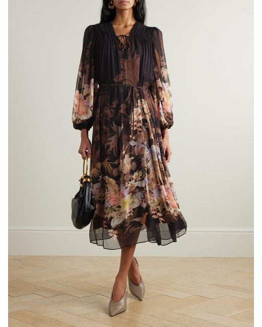 Zimmermann Black Illuminate Drawn Belted Gathered Printed Crepon Midi Dress