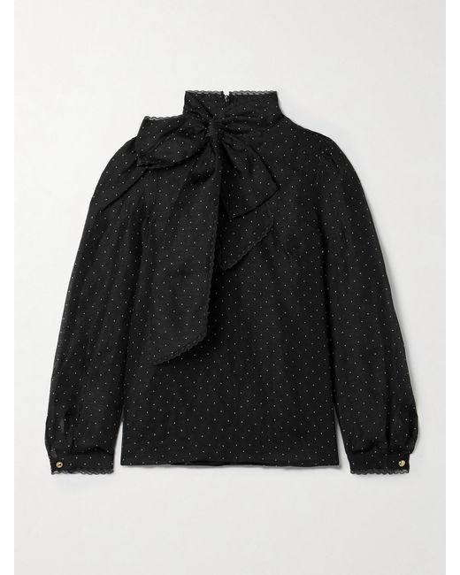 Zimmermann Black Pussy-Bow Lace-Trimmed Polka-Dot Linen And Silk-Blend Organza Blouse