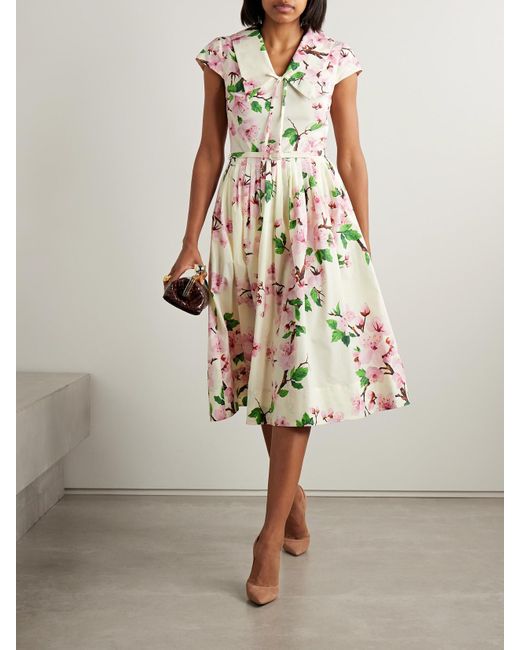 Oscar de la Renta White Belted Pleated Printed Cotton-Blend Poplin Midi Dress
