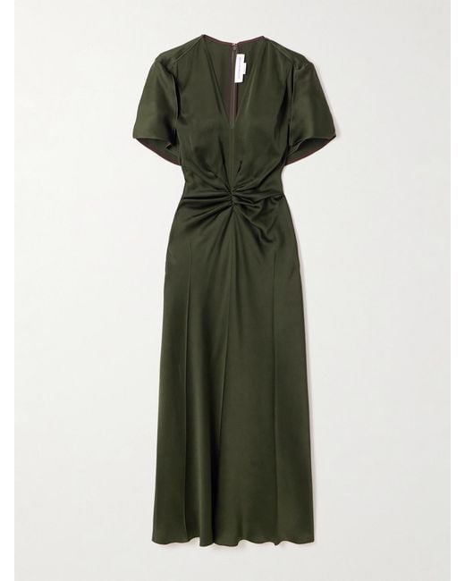 Victoria Beckham Women's Green Bella Gathered Satin Midi Dress