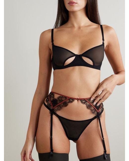 Kiki de Montparnasse Black Satin-Trimmed Silk-Blend Leavers Lace Suspender Belt