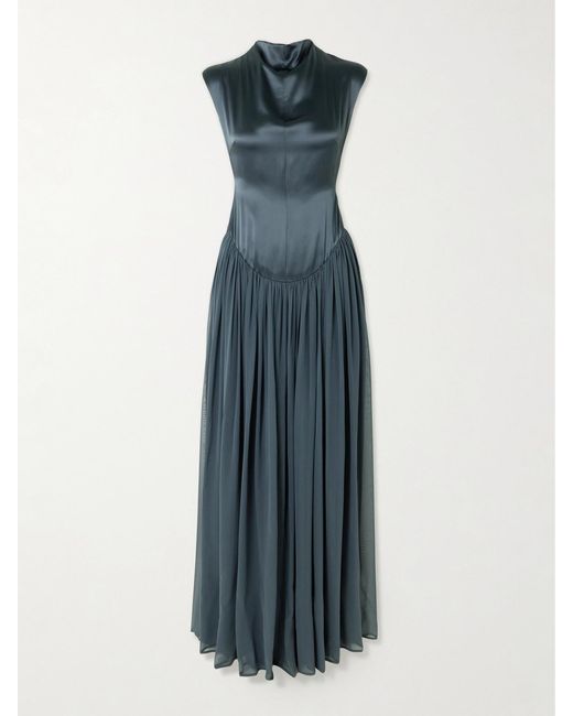 TOVE Blue Sabi Gathered Silk-Satin And -Chiffon Gown
