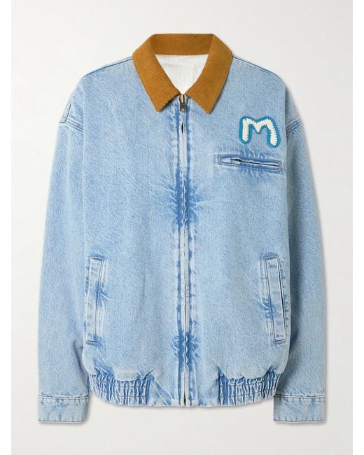 Mother Blue The Super Sizer Corduroy-Trimmed Appliquéd Denim Jacket