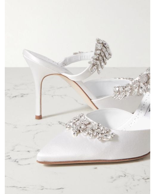 Manolo Blahnik White Lurum 90 Crystal-Embellished Satin Mules