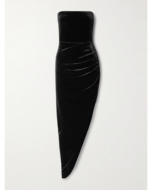 Norma Kamali Black Strapless Asymmetric Stretch-Velvet Midi Dress
