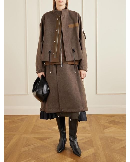 Sacai Brown Shell-Trimmed Wool-Flannel Coat