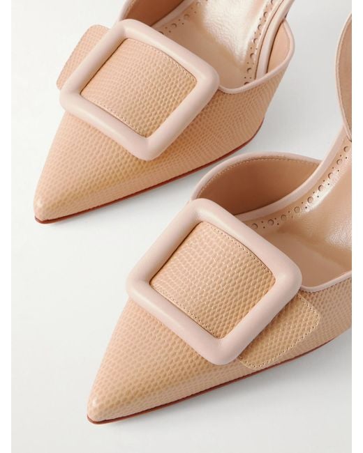 Manolo Blahnik Natural Mayslibi 70 Lizard-Effect Leather Slingback Pumps