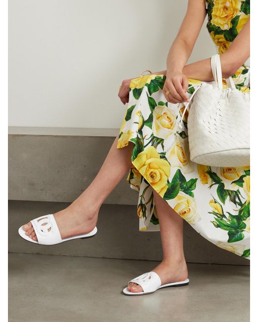Dolce & Gabbana White Bianca Pantoletten Aus Leder Mit Cut-Outs