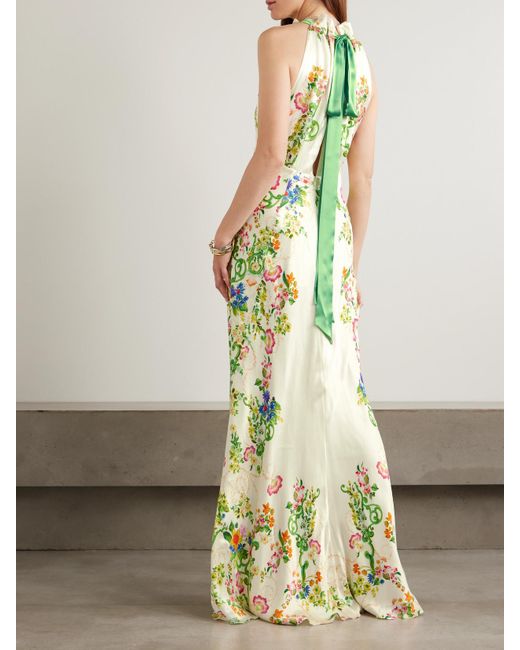 Saloni Metallic Michelle Floral-Print Hammered-Silk Halterneck Gown