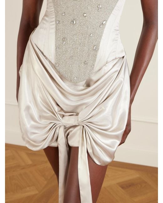 Clio Peppiatt White Paloma Convertible Draped Embellished Satin Mini Dress