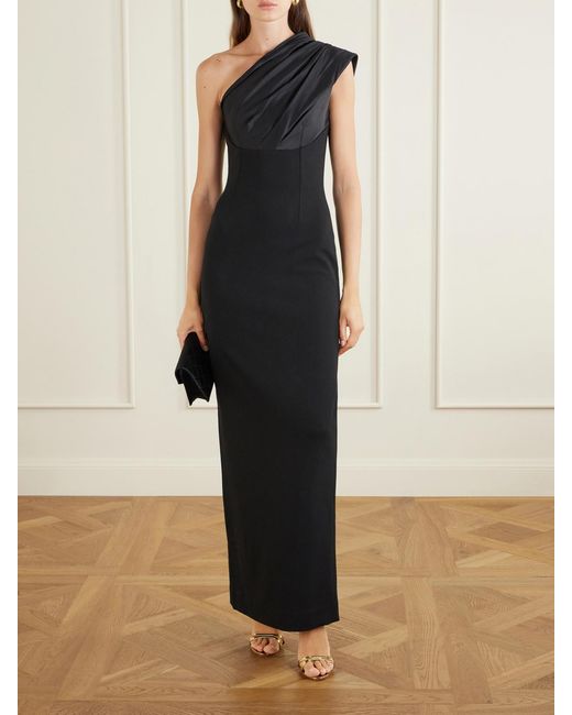 Solace London Black Gracie One-Shoulder Pleated Satin Gown